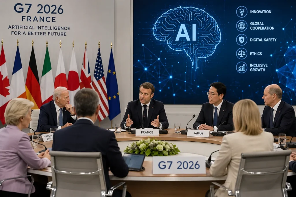 World leaders discussing artificial intelligence regulation, digital safety and technology governance at the G7 Summit 2026