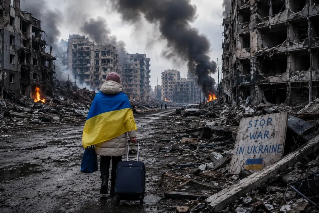 Ukrainian civilian carrying luggage through a war-damaged city during the ongoing Ukraine conflict